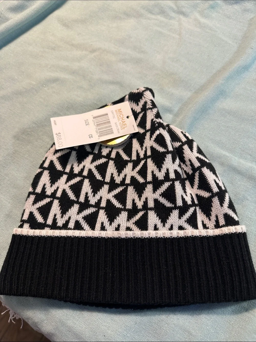 Michael Kors Kids Black & White MK Logo Knit Beanie